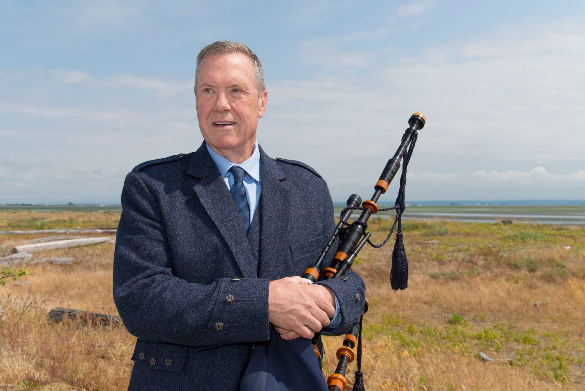 Owen Reid, professional bagpiper in Vancouver, with his Highland pipes